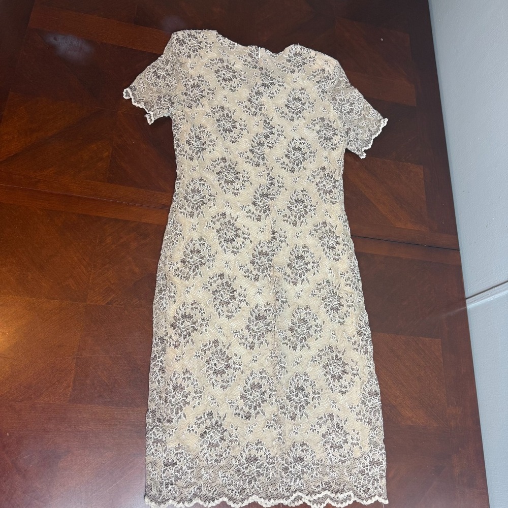 Vintage Lace Overlay Midi Dress Beige Brown Floral Short‎ Sleeve Formal Size 10 - Picture 12 of 13